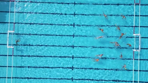 Top Down Aerial View of Water Polo Goal Scoring Attack in Swimming Pool 库存影片 343512346