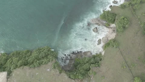 Top-Down Aerial View of Waves Crashing on Rocky Coastline and Cliffside Field Stock Footage 314368618