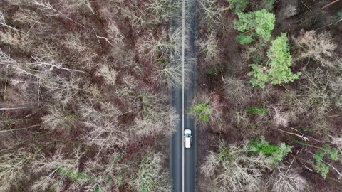 Top Down Aerial View of White Camper Van and Car on Country Road Video stock 323721265