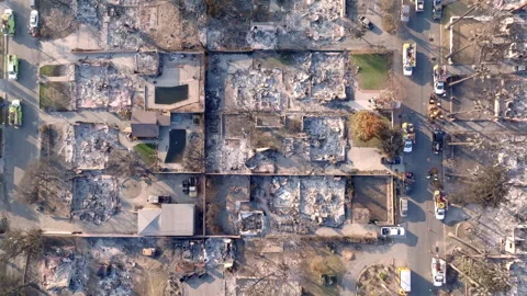 Top down aerial view of wildfire damage in Altadena neighborhood of Los Angeles Stock Footage 301665739