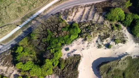 A top-down aerial view of winding trails cutting through green hills and sandy Stock Footage 308120734