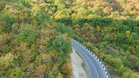 Top down aerial view of winding asphalt mountain road cutting through dense.. Stock Photos