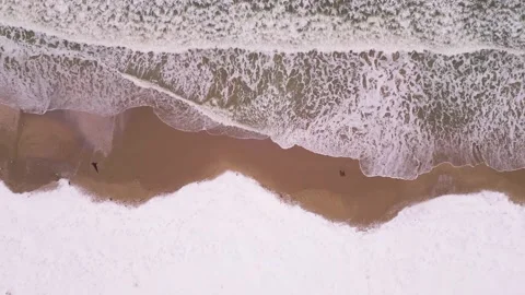 Top-down aerial view of a winter beach where sea waves meet snow-covered sand. A 库存影片 330901640