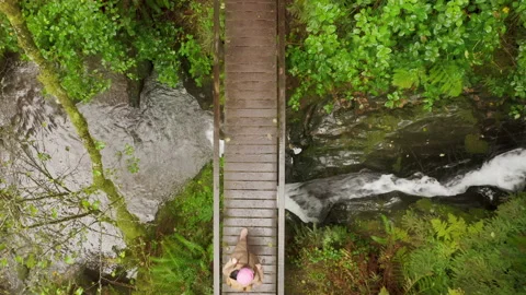 Top down aerial view young woman walking by wooden bridge over creek forest 4K 스톡 동영상 166876391