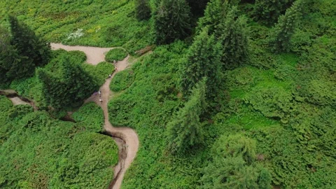 A top-down aerial view of young hikers walking along a mountain trail to the top Stock Footage 181781741