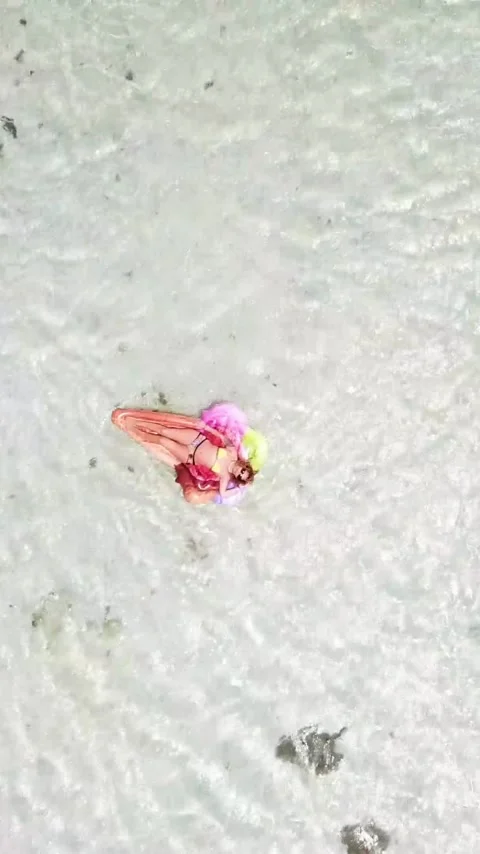 Top down aerial view of a young relaxed woman in a bikini sunbathing on a Vídeo Stock 344838847
