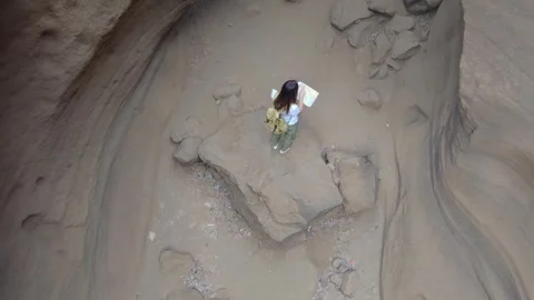 Top down aerial view of a young female hiker with a backpack and a map Stock Footage 346025626