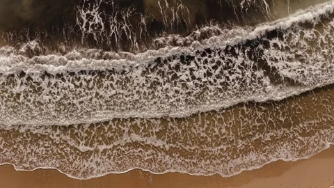 Top Down Aerial Waves Breaking on Sandy Beach in Corfu, Greece Stock Footage 340928333