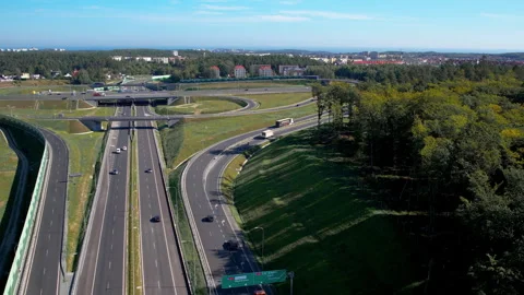 Top down aerial - wide multi-lane road - modern road infrastructure - Stock Footage 252567720