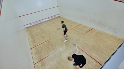 Top Down Angle of Active Squash Match on Polished Wooden Floor Court, Two Man Stock Footage 309187025