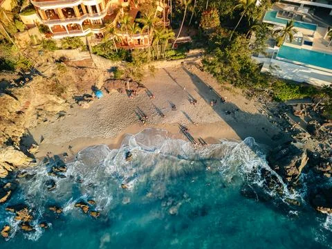 Top down Arial View of Play Amapas with blue turquoise waves crashing onto .. Stock Photos