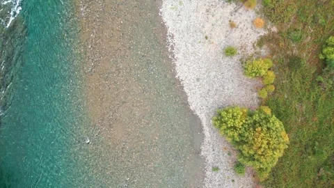 Top down ascending over turquoise river meeting pebble beach with forest Vídeo Stock 331161852