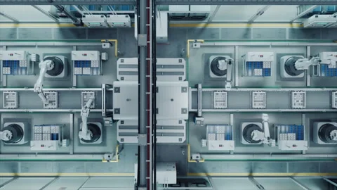Top Down Autonomous Factory with White Robotic Arms Stock Footage 295352001