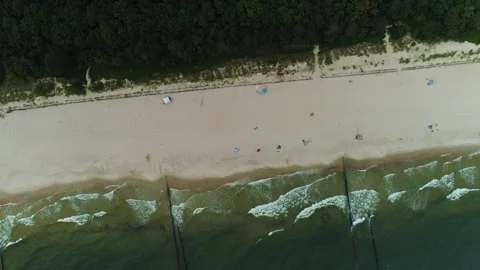 Top Down Beach Baltic Sea Chalupy Plaza Morze Aerial View Poland Stock Footage 242210693