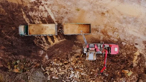 Top Down Biomass Processing - Wood Chipper Loading Trucks At Worksite Stock Footage 344078074