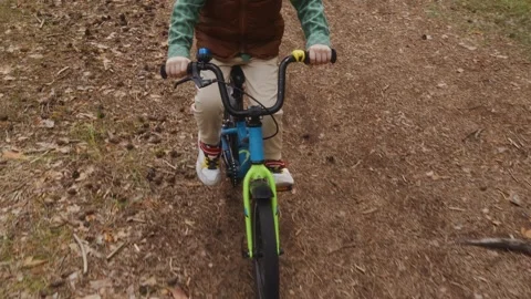 Top down boy cycling forest path independence Stock Footage 317554506