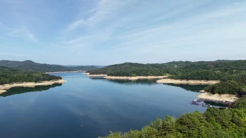 Top Down Calm Mountain Reservoir Surrounded by Forest, Aerial View Stock Footage 344778394