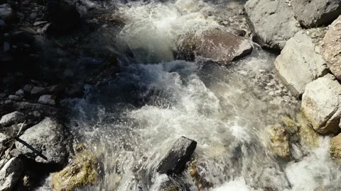 Top-Down Camera View of Mountain Stream with Stones and Light Play Video stock 316820867