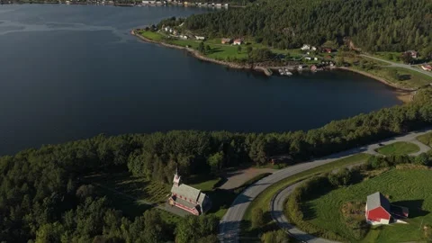Top-down capture of Solsnes settlement by the fjord in Norway Stock-Footage 320731073