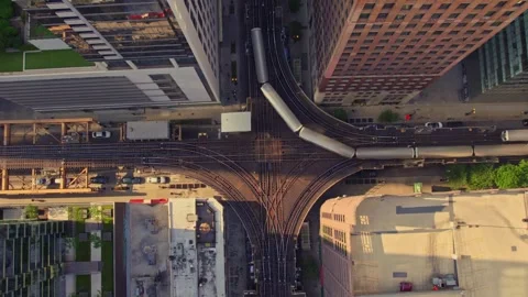 Top Down Chicago CTA Trains Passing on Elevated Loop Tracks Stock Footage 345283352