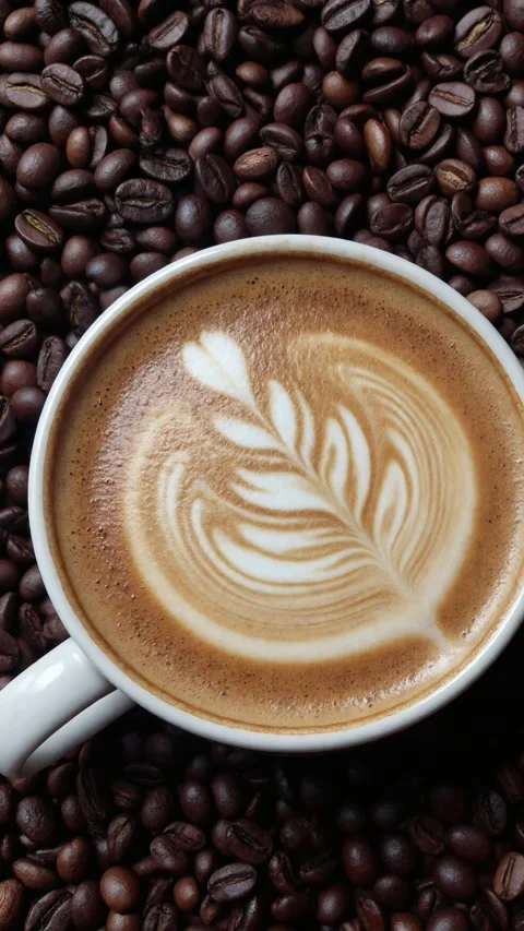 Top-down cinematic shot of a white ceramic coffee cup with professional Stock Footage 333770766