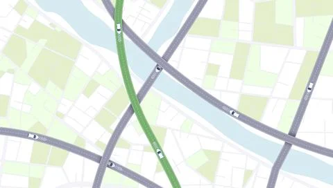Top down city map showing intersecting highways and green highlighted route. Stock Illustration