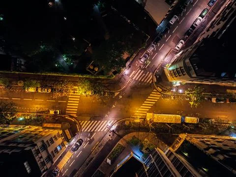 Top-down of city street intersection Stock Photos