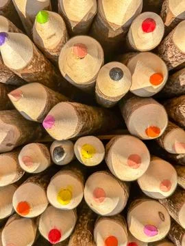 Top down close-up of a bundle of rustic colored pencils made from natural t.. Stock Photos
