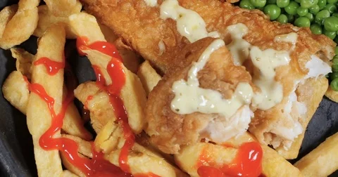 Top down close up view of an English fish and chips Stock Footage 77744884