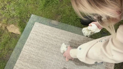 Top-down Close-up View, Female Home Owner Cleaning Glass Table Surface 库存影片 337786128