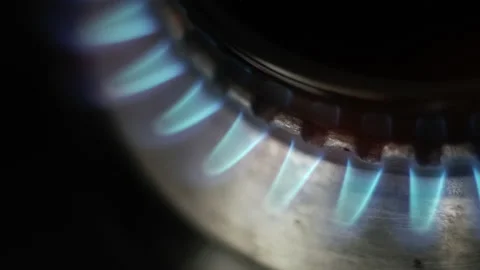 Top Down Close-Up View of Flame Gas Stove. Gas Ignition or Heating. Gas Burner Stock Footage 193993613