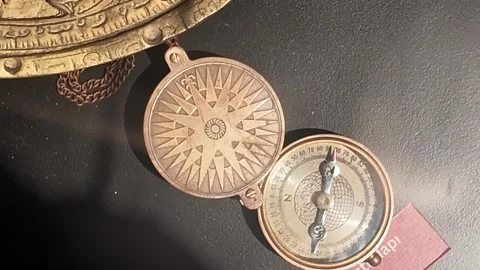 Top Down Close Up of Working Vintage Brass Compass Stock Footage 346397346