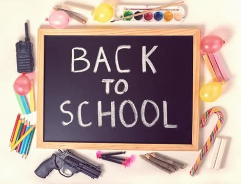 Top down concept of education with text back to school is written in chalkboa 写真素材
