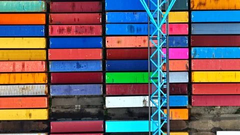 Top-Down Container Terminal with Blue Gantry Crane Stock Photos