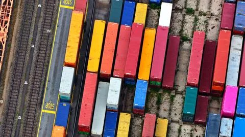 Top-Down Container Yard Beside Railway Tracks Stock Photos