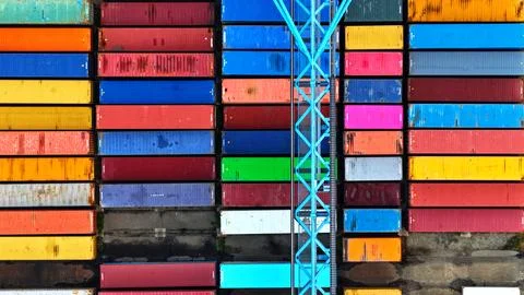 Top-Down Container Yard with Blue Gantry Crane Stock Photos