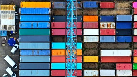 Top-Down Container Yard with Central Gantry Crane Stock Photos