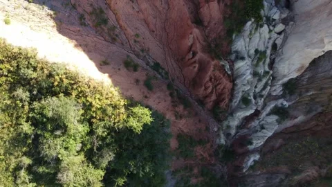 Top down of contrasting clay canyon layers and green forest edge in Kazakhstan Видео 337944867