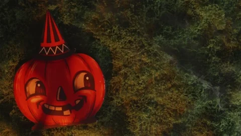 Top down cover video of witch hat pumpkin on foggy moss Stock Footage 342520312