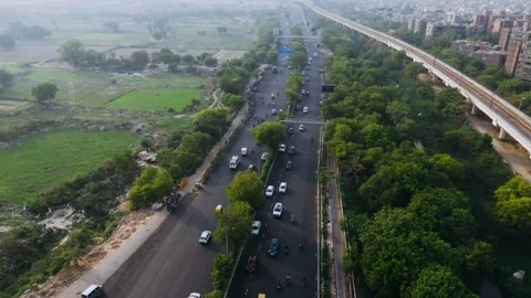 Top down cross traffic highway with cars, trucks at Noida Freeway. Stock Footage 317940905
