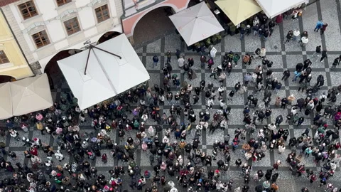Top-Down Crowd Watching Prague Astronomical Clock in Old Town Square, 4K Stock Footage 325347051
