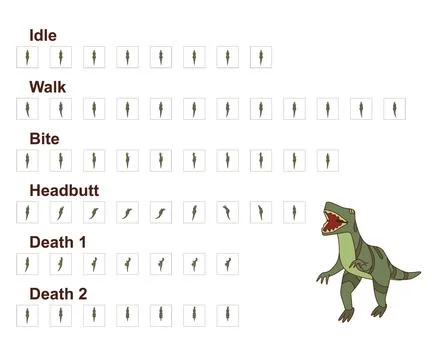 Top-down dinosaur sprite sheet animation. Stock Illustration