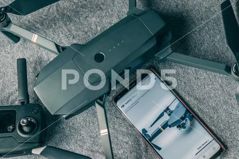 Top down drone, controller and phone Stock Photos