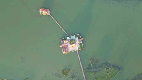 Top Down Drone Descent Above Porto Lagos Monasteries and Bridge Greece Stock Footage 340218596