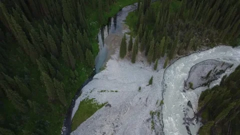Top Down Drone Descent Over River Confluence. Kyrgyzstan, Karakol Stock Footage 332937416