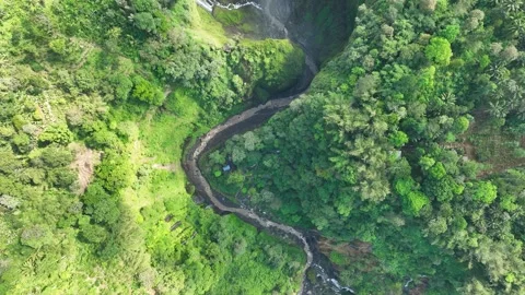 Top Down Drone Dolly In Revealing Tumpak Sewu Waterfall and Glidik River in Stock Footage 346190916