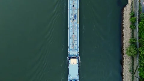 Top Down Drone Flight Over Cargo Barge on Rhine River in Cologne Germany 스톡 동영상 312526867