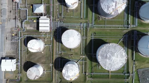 Top Down Drone Flight Over Industrial Oil Storage Stock Footage 334905732
