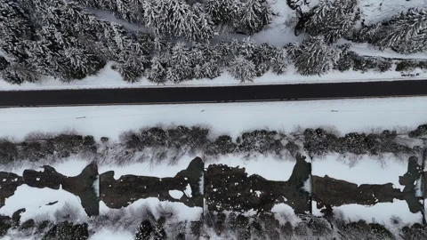 Top-Down Drone Flight Over Snowy Road and Pine Forest in South Tyrol, It Vídeo Stock 336476113