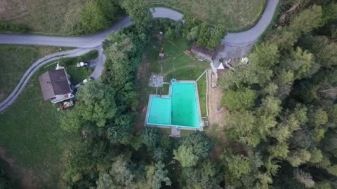 Top down drone flight over mountain pool surrounded by pine trees Stock Footage 343628488